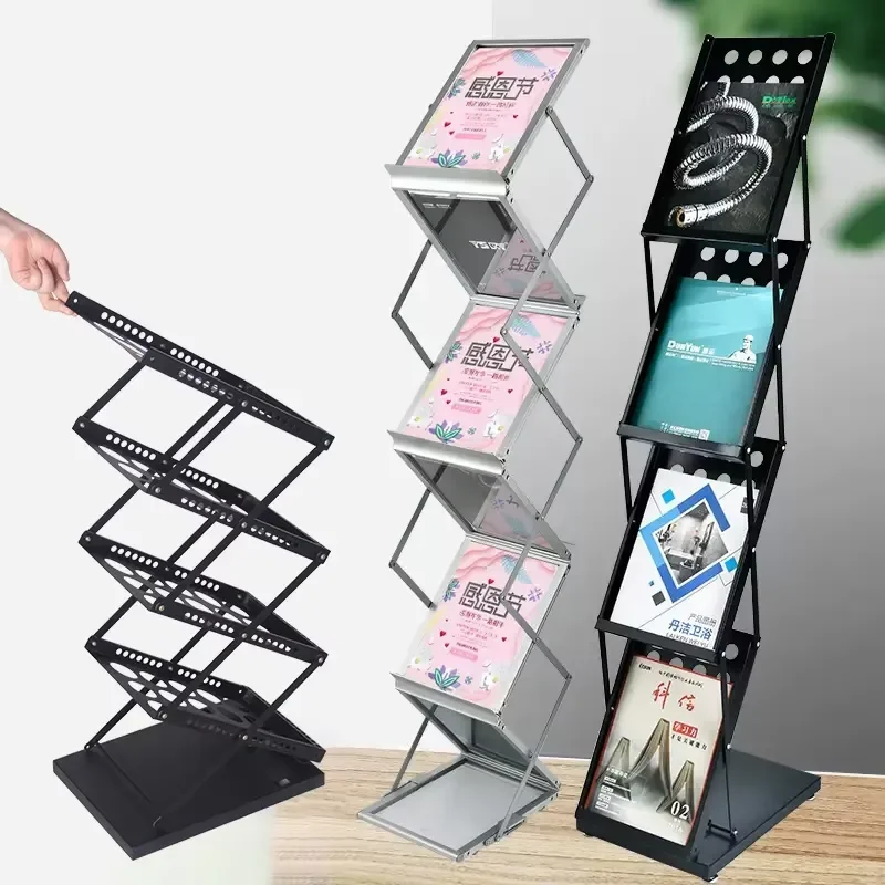 Portable Foldable A4 Floor Metal Brochure Holder Display Stand Magazine Shelf Rack for Trade Show Display