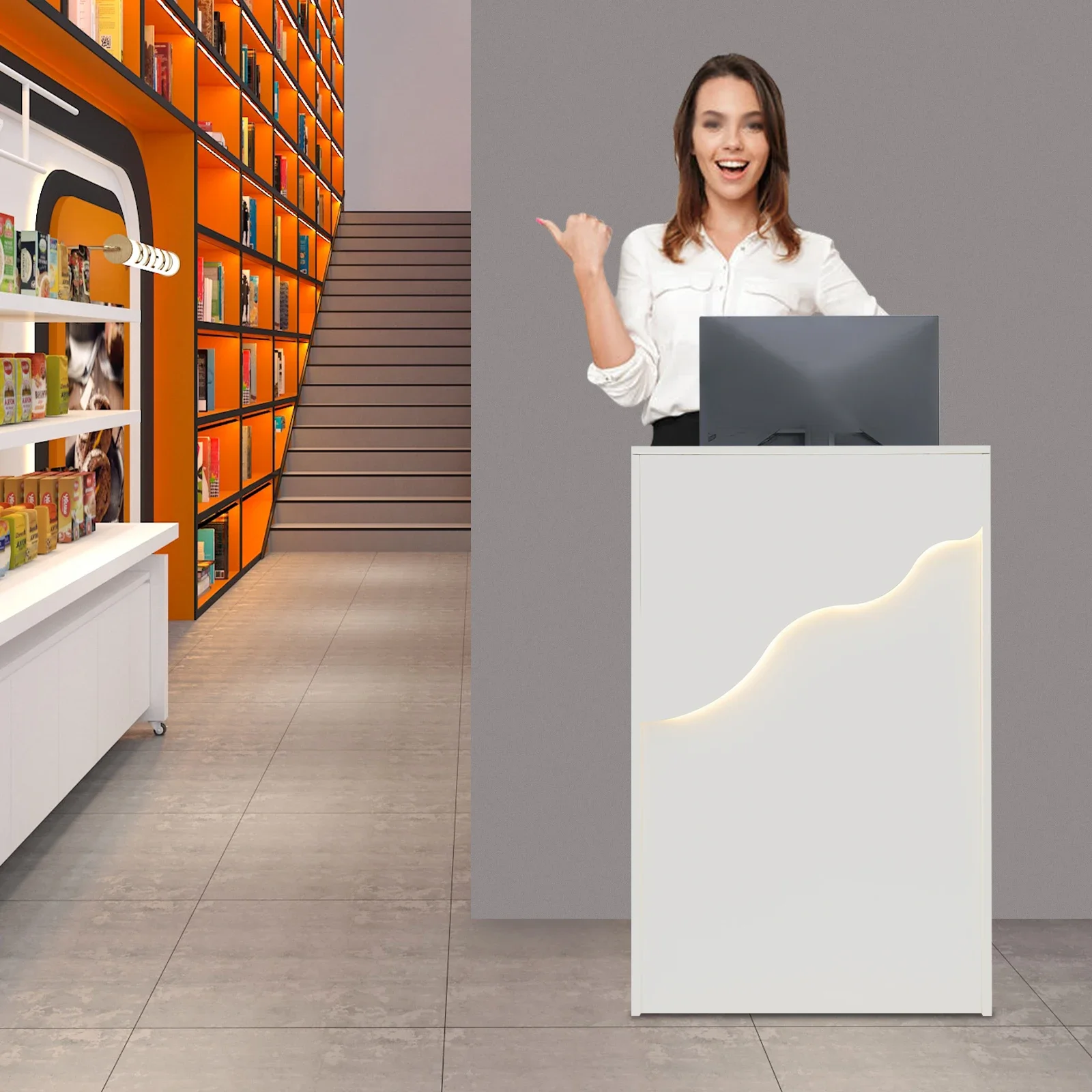 Rectangular Checkout Counter Reception Desk, Reception Desk with LED Light, Checkout Counter Desk with Storage Drawer