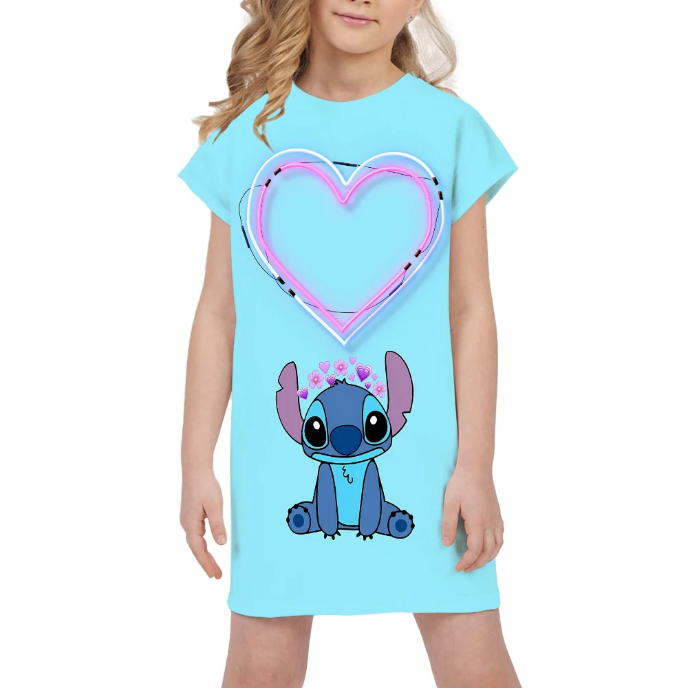 Girls Disney Stitch Dress Summer Children\'s Casual Breathable Princess Dresses Girls Festival Gifts Clothing Basic Heart Skirt