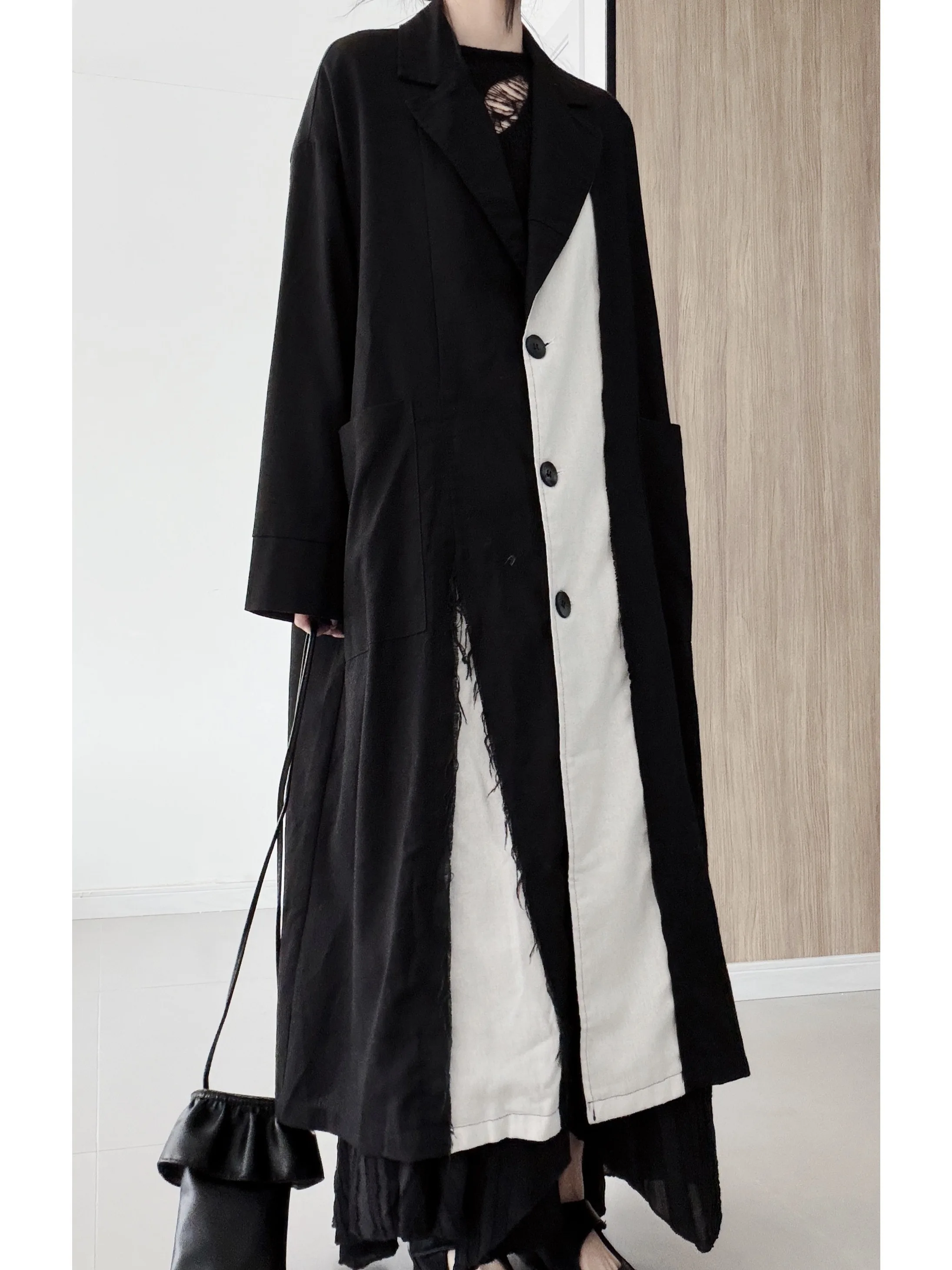 Dark Contrast Color Tassel  Cotton Linen Jacket Spring Season  Design Sense Splicing Windbreaker Outerwear Coat