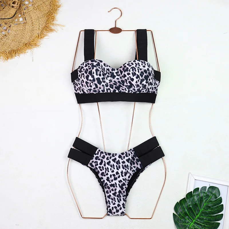 Sexy Bikini Push Up Swimwear Swimsuit Women Leopard Block Color Patchwork Hollow Double Bandages High Waist Bikinis Set Biquinis