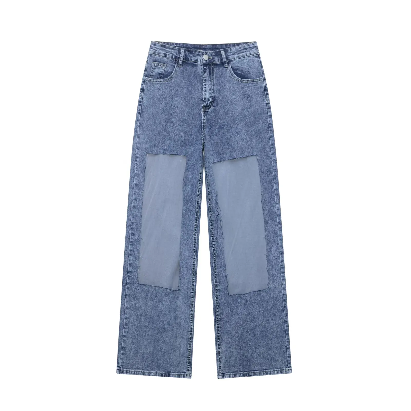 

MYST&ZA2025 summer new women's retro casual fashion mesh splicing slim straight high waist denim trousers