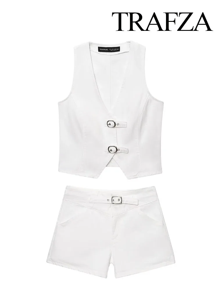 

TRAFZA Woman's Summer New Fashion V-neck Buckling Denim Casual Vest Top+Elegant Front Trim Zipper Pocket Decoration Shorts Suit