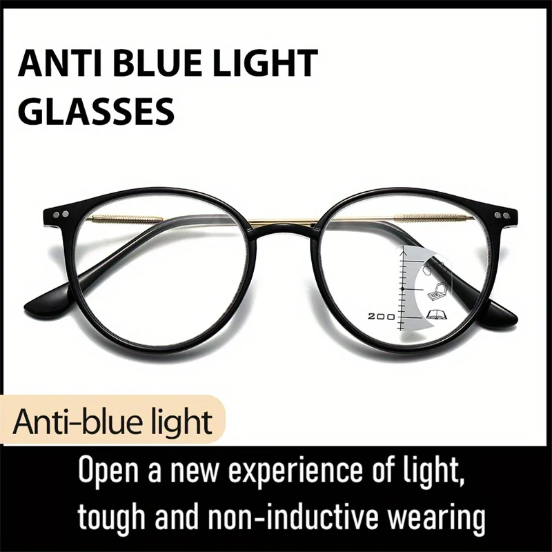

Unisex Retro Round Frame Reading Glasses - Multifocal Blue Light Blocking, Dual Vision for Short & Long Distance Use