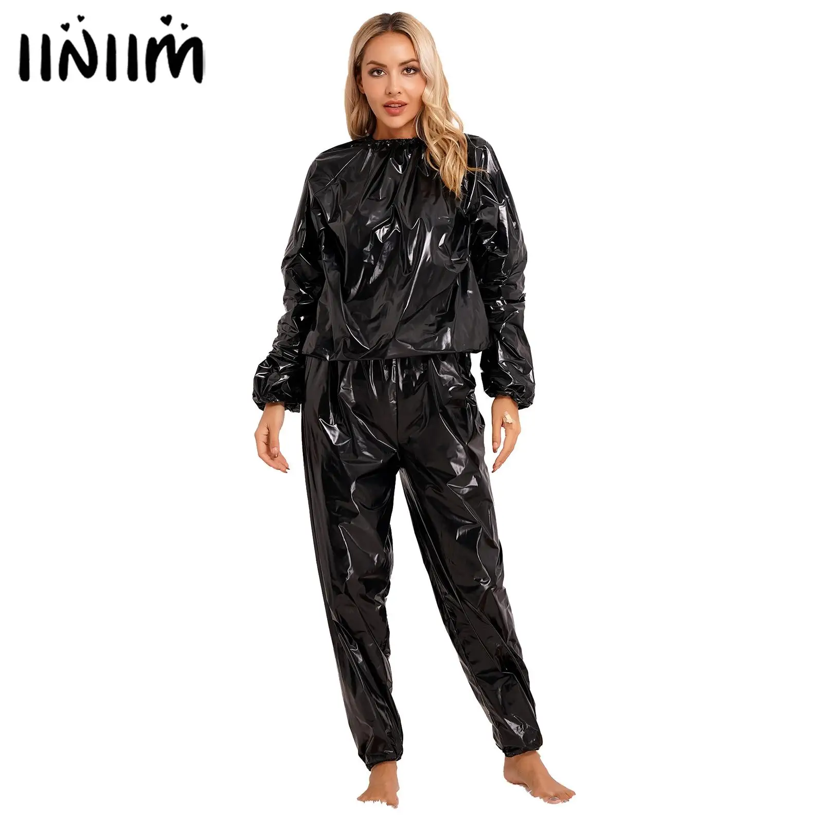 Traje de Sauna de PVC de manga larga para hombres y mujeres, conjunto de pantalones y Top con puño elástico, pérdida de peso, traje de sudor,