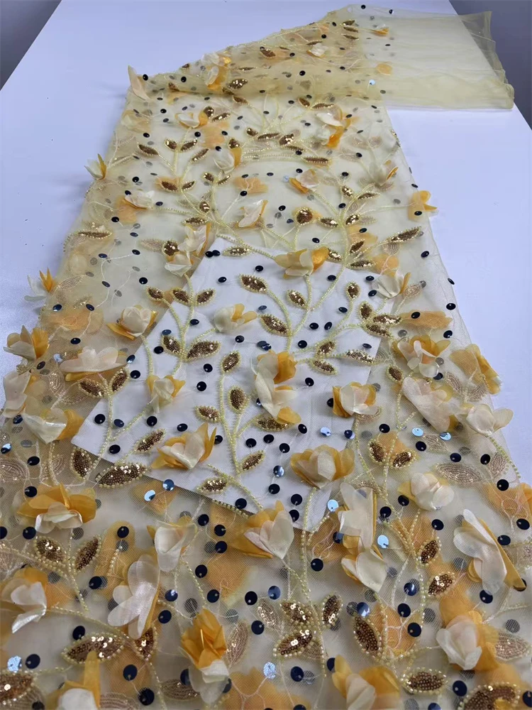 

Latest Luxury 3D Flower Lace Fabric Dubai Tulle Lace Fabric With Sequins beads Applique African Fabric For Dress Sewing