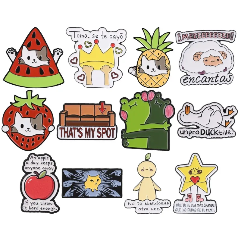 Kawaii Cat Fruit Enamel Pins Duck Frog Star Apple Brooches Sarcastic Lapel Badge Spanish Inspirational Quotes Jewelry Gift