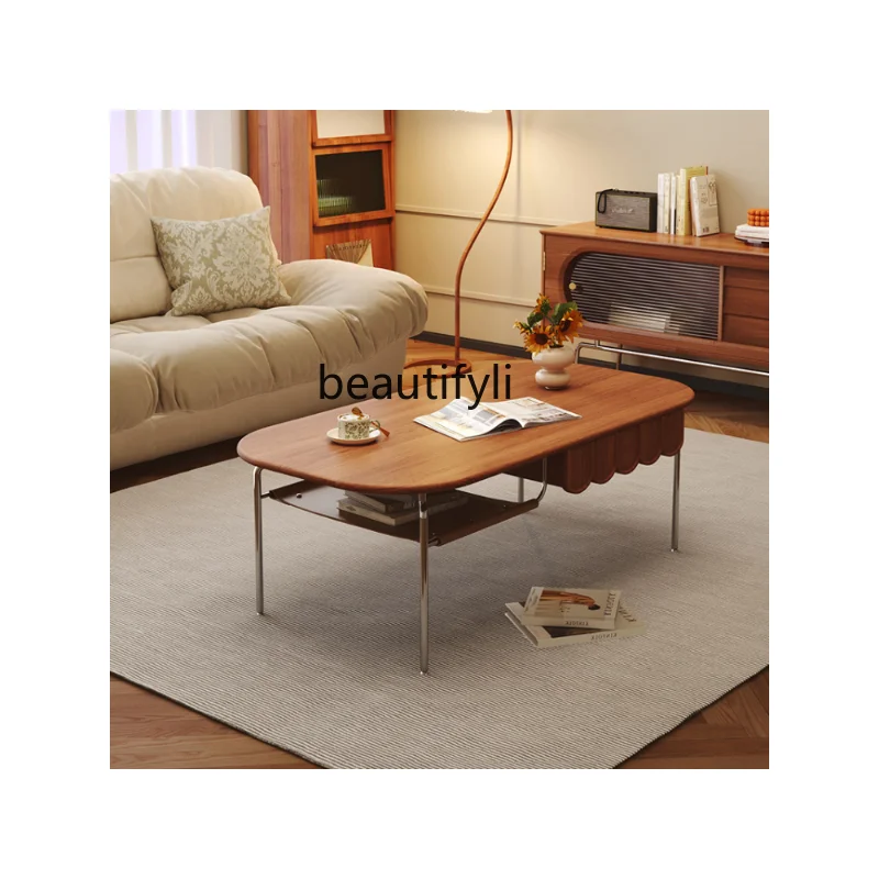 Solid Wood Coffee Table Living Room Table Home Retro Nordic High Leg Tea Table Prolate Ellipse Storage Tea Table