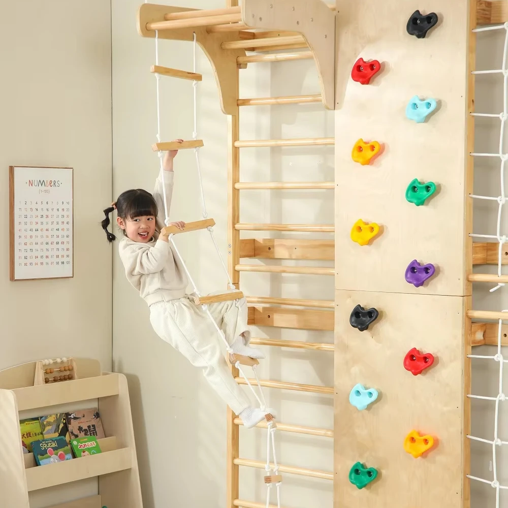 

In Stock Indoor Monkey Bars Kids Wooden Climbing Frame Outdoor Solid Wood Wall Mounted Swedish Ladder for Toddler