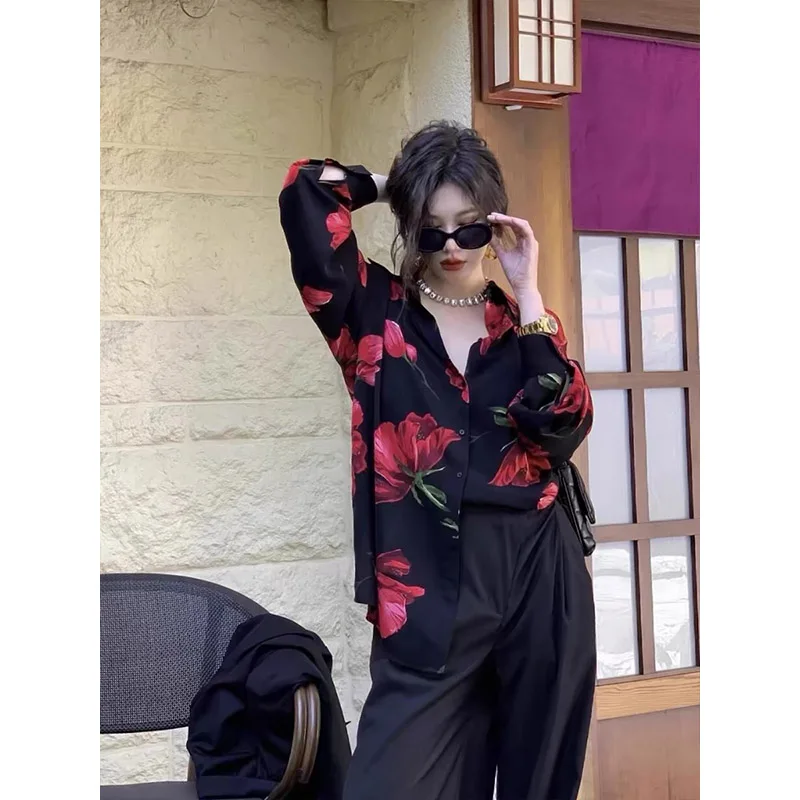 Women Clothing Vintage Chinese Style Floral Print Shirts Spring Summer Chic Elegant Turn-down Collar Long Sleeve Chiffon Blouses