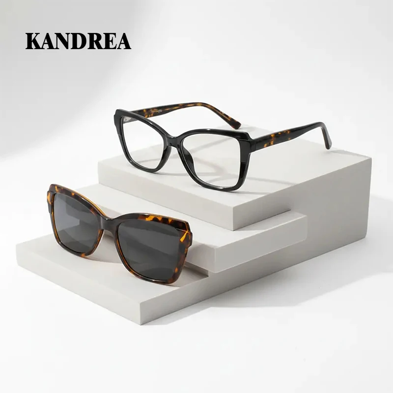 KANDREA Óculos femininos vintage com estampa de leopardo, armação de olho de gato, óculos de prescrição óptica, design 2 em 1, óculos de sol magnéticos
