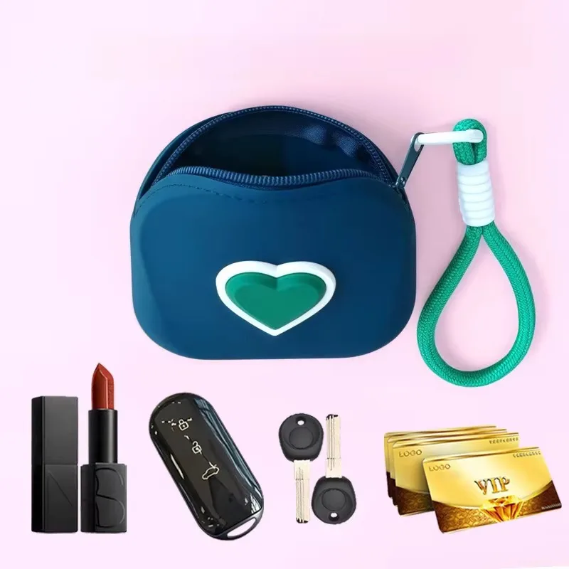 Multicolor Heart Decor Silicone Mini Pouch Portable Wristlet Zipper Bag Coin Earphone Lip Gloss Storage Case