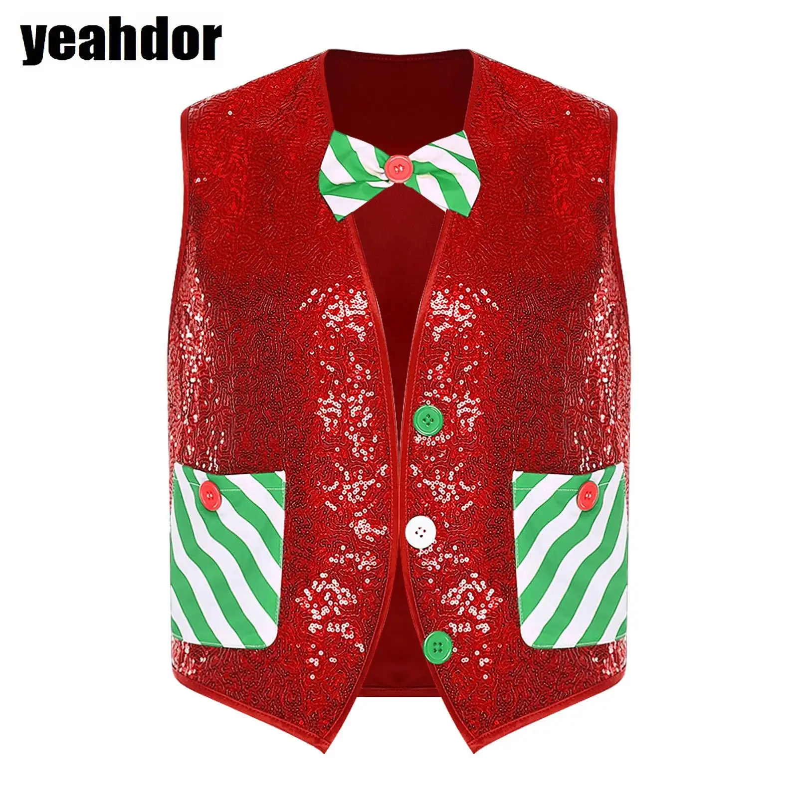 

Men Christmas Candy Cane Striped Vest Sleeveless Open Front Sequin Santa Claus Waistcoat Carnival Cosplay Xmas Elf Jacket Costum