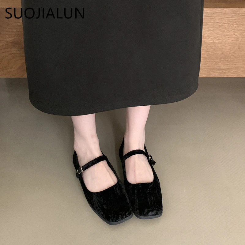 SUOJIALUN 2024 Autumn Women Flat Shoes Fashion Square Toe Sahllow Mary Jane Shoes Soft Sole Outdoor Dress Elegant Boat shoes