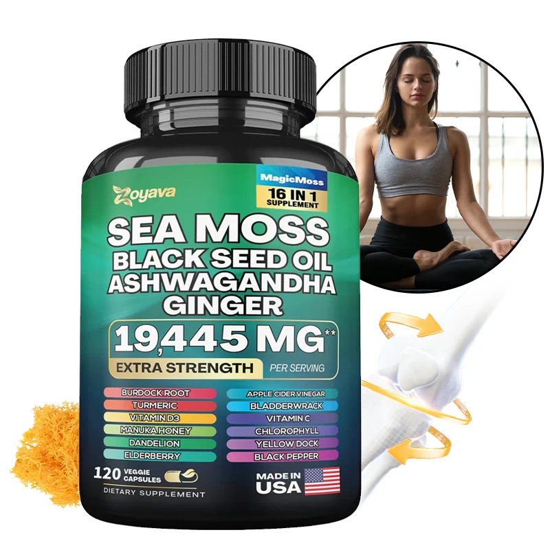 

Sea Moss Black Seed Oil Ashwagandha Ginger Capsules, Black Pepper Vitamin C Vitamin D3, for Energy, Immune Health, 120 Capsules