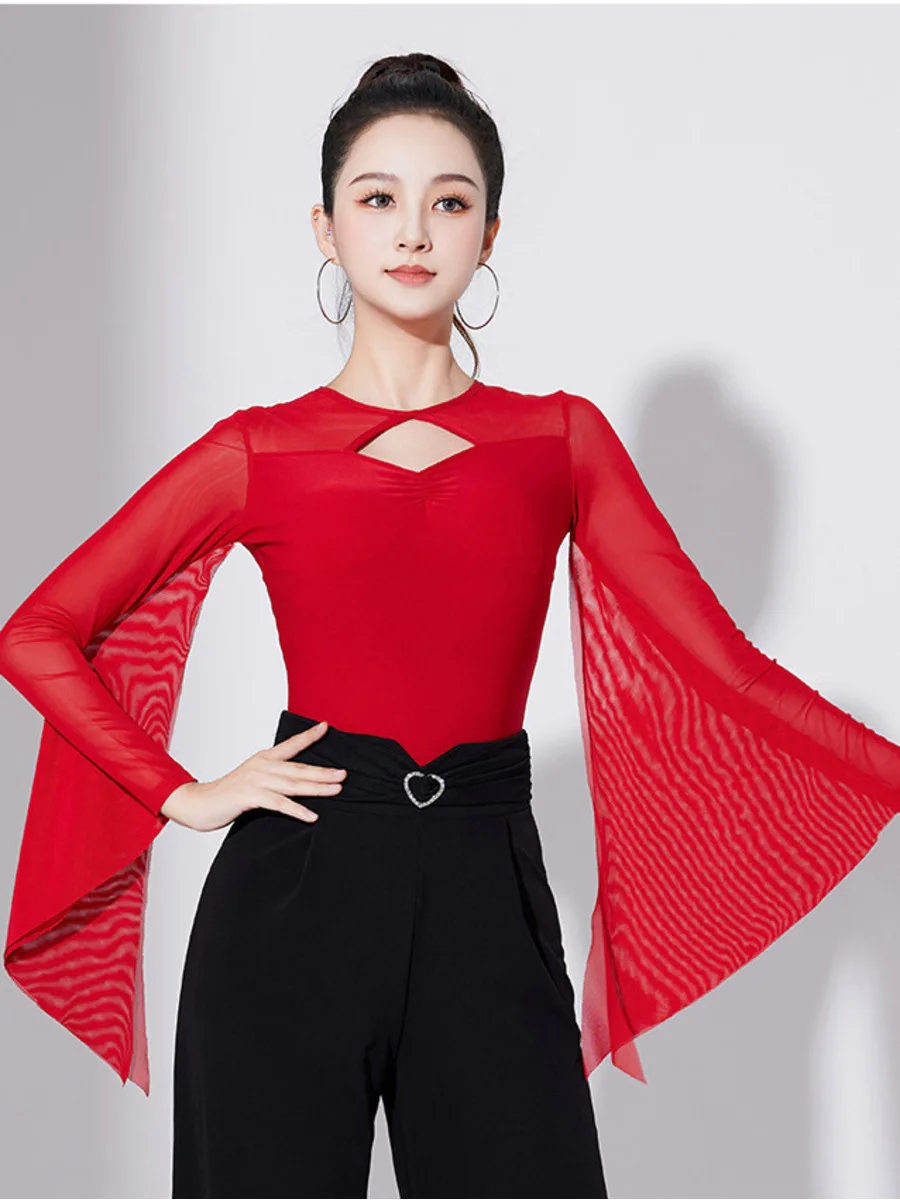Stretch Sheer Panel Dance Top Flared Sleeve Blouse Women Stage Latin Salsa Practice Hollow Out Design Performance