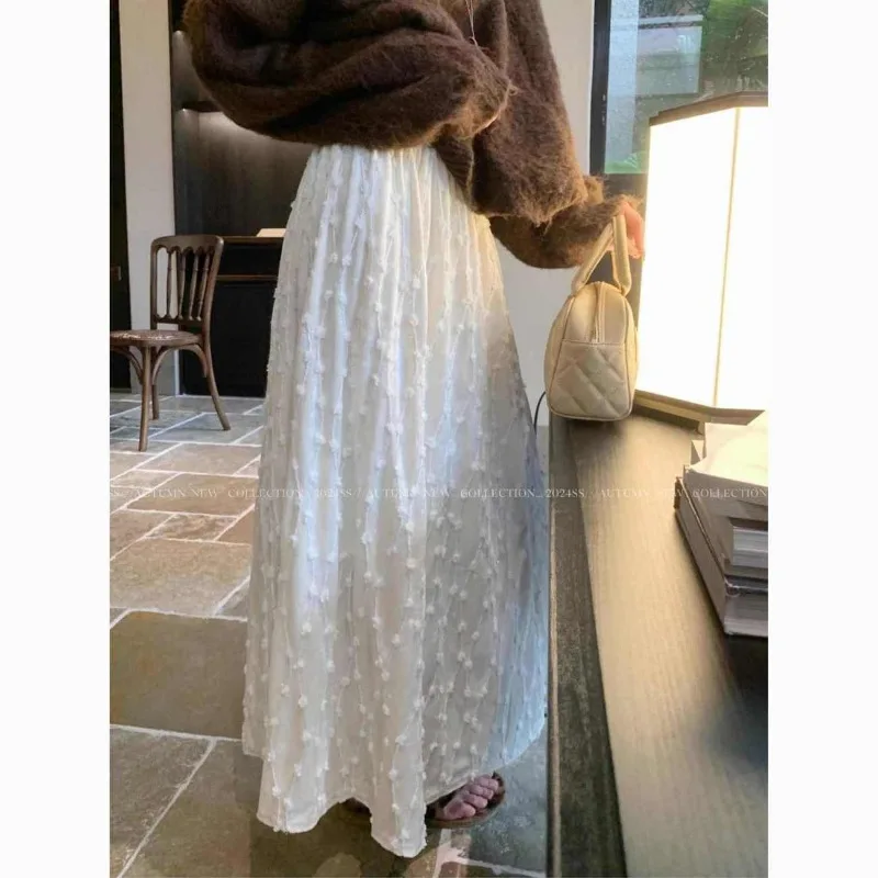 Women Autumn Winter High Waist Medium Long Fleece Lined 3D Texture Midi Skirt Elegant Versatile Slim Half Skirt