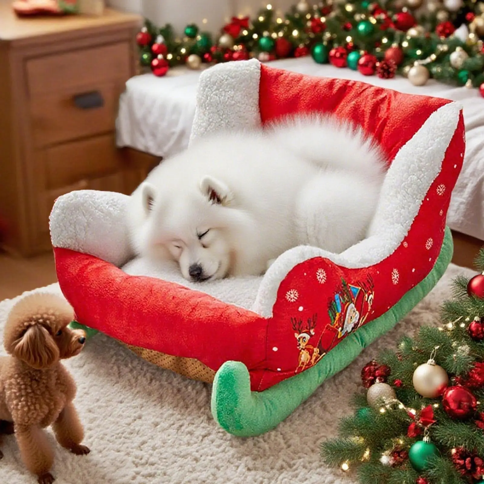Christmas Sled Dog Bed Winter Santa Claus Cozy Plush Nest Kitten Puppy Calming And Sleeping Pad For Indoor Festive