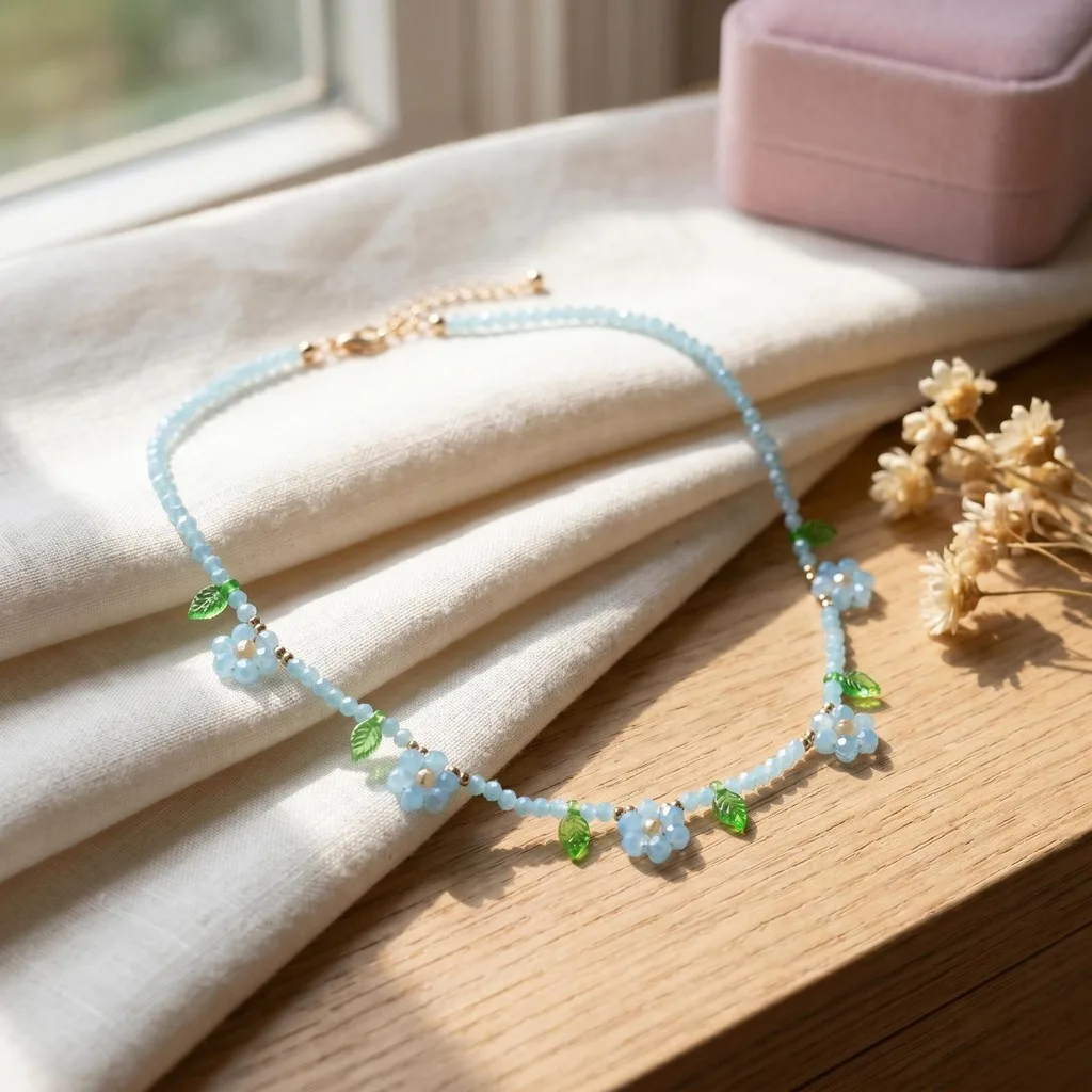 Flower Clavicle Necklace Fresh Garden-Themed Necklace Glass Beaded Necklace Gold-Plated Floral Choker For Spring Outfits Friends