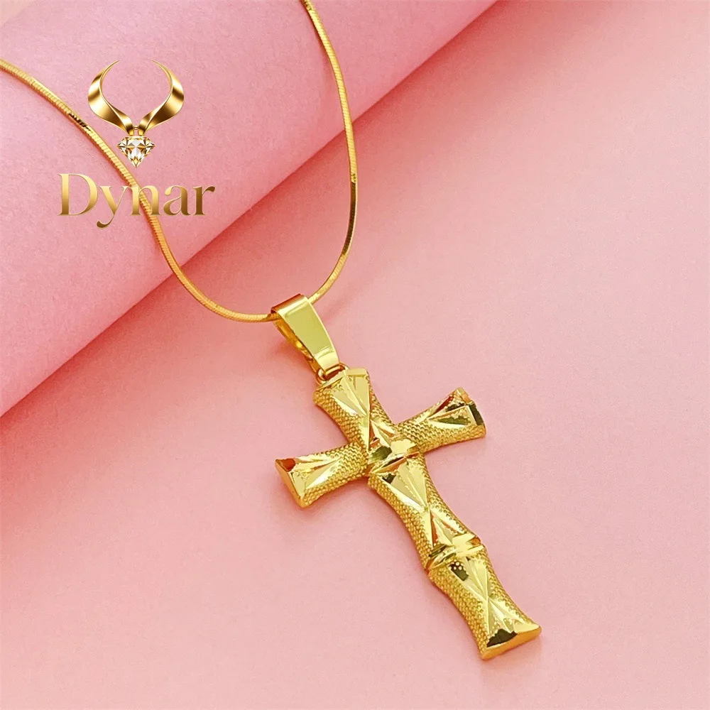 Dynar Jewelry  Luxury 24K 9999 Pure Gold real gold Women's Necklace Bamboo Cross Pendant