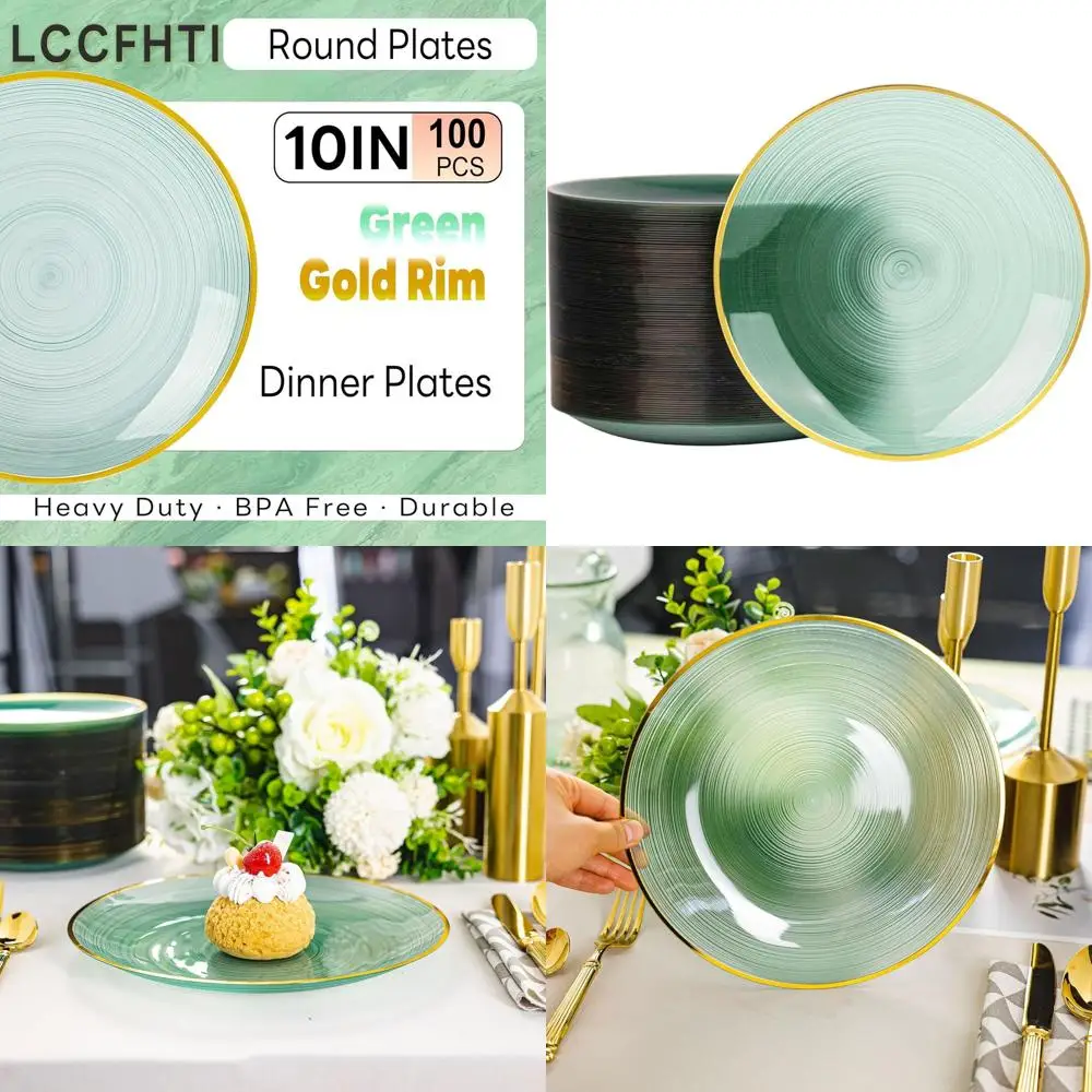 

10-дюймовые прозрачные одноразовые обеденные тарелки с зеленой золотой оправой, сверхпрочные для свадеб, вечеринок, мероприятий на свежем воздухе и дней рождения