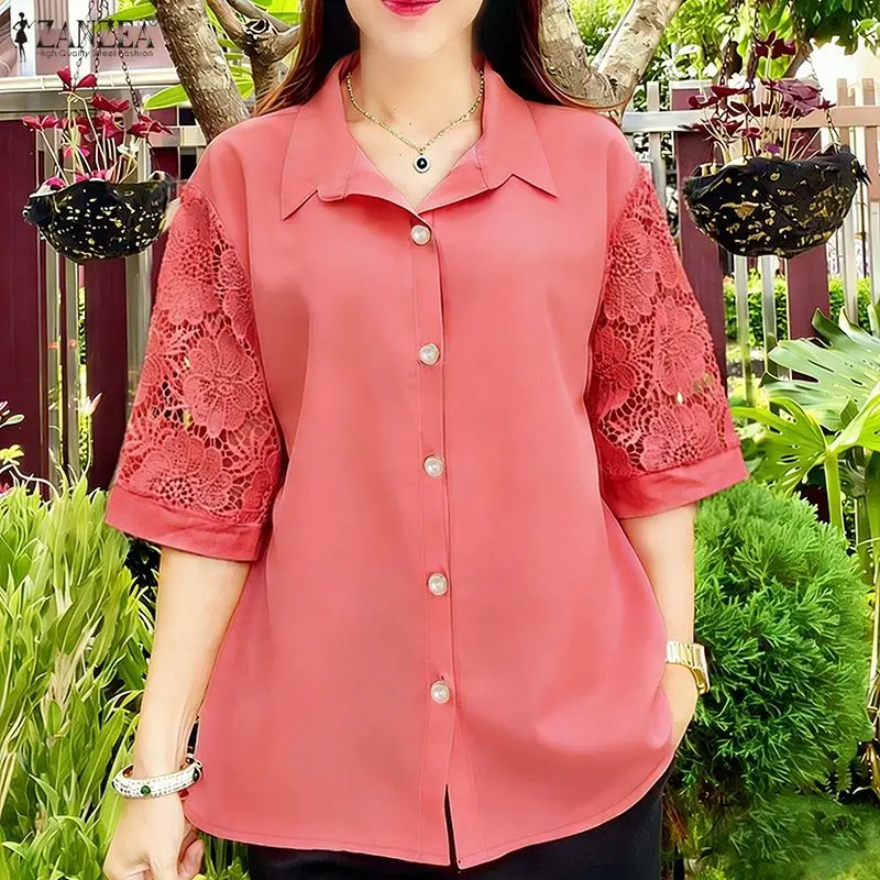 

2026 ZANZEA Summer Lace Crochet Shirt Women Elegant Office Work Blouse Casual Lapel Neck Half Sleeve Blusas Embroidered Tops