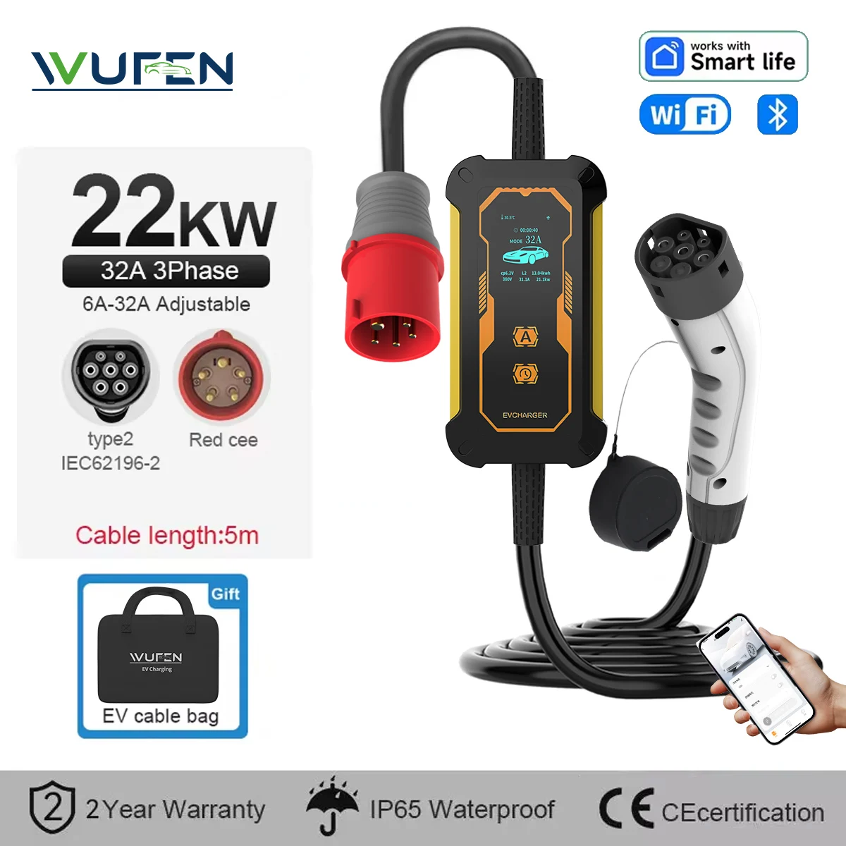 WUFEN 32A 22KW 3P Portable Type2 Plug Charging Box with 5m Cable Adjustable Current Electric Car Charging Station App Control
