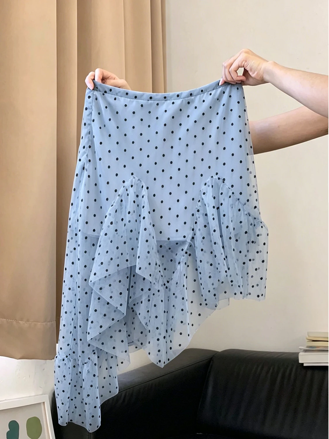 Chic Polka Dot Half Skirt High Waist Asymmetrical Mesh Fashionable Versatile Fairy Half Skirt Women's Clothing Summer