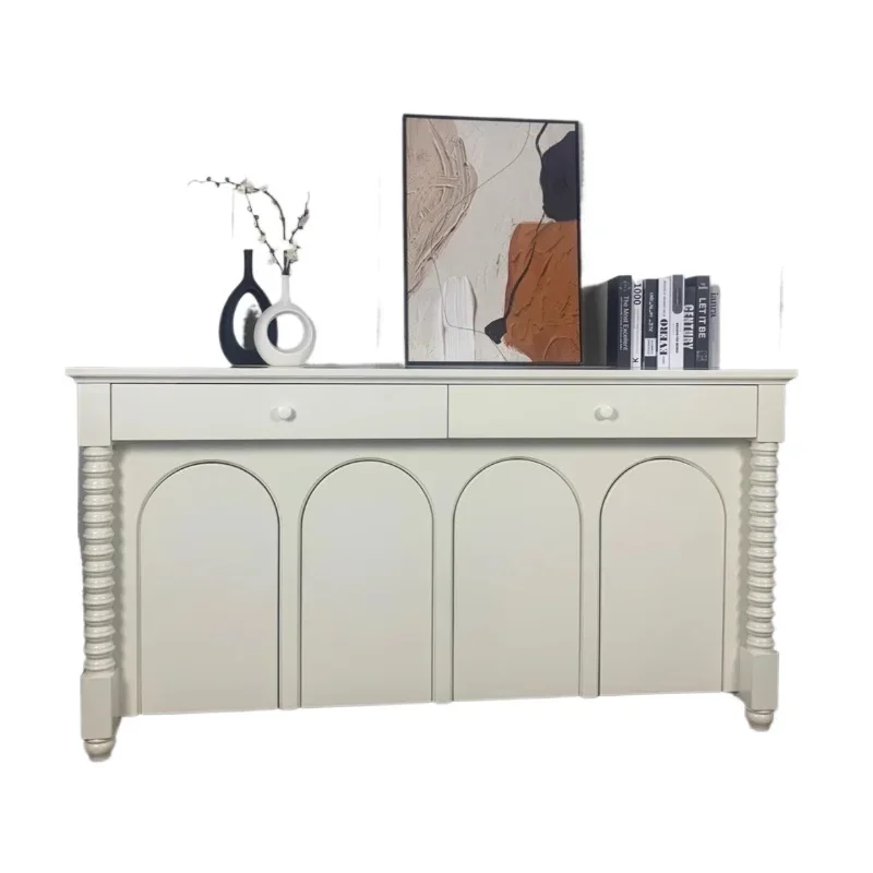 

French Solid Wood White Side Cabinet American Arched Door Entry Entrance Cabinet Nordic Cream Style Locker Bucket Cabinet