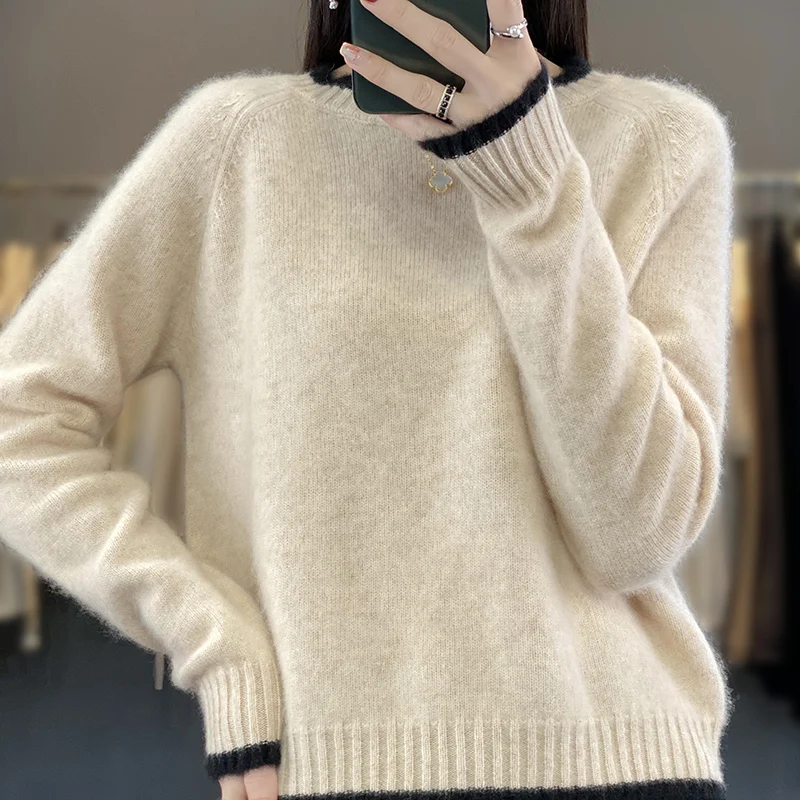 Fall/Winter 2023 New Women's 100% Merino Wool Sweater Crewneck Knitted Pullover Women's Thickening Fake Two Pieces of Leisure