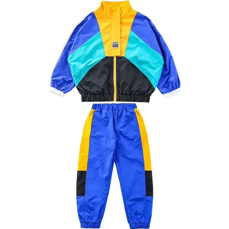 Boys Hip Hop Contrast Coat Girls Jazz Joggers Clothes Set Kids Street Dance Patchwork Jacket Sweatpants Child Costume Streetwear