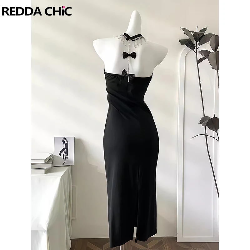 

ReddaChic Rhinestone Fringe Halter Party Dress Strapless Bow Knit Stretch Bodycon Midi Long Dress Elegant Evening Women Clothes