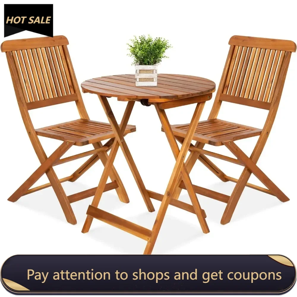 

3-Piece Acacia Wood Bistro Set Dining Room Sets Folding Patio Furniture for Backyard Round Coffee Table Couch Deck W/ 2 Chairs