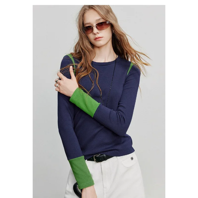 

Женская футболка с длинными рукавами на правом плечо, осенне-зимняя немецкая бархатная контрастная цветная строчка, дизайн, топ под низом