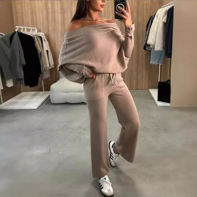 Sexy Off Shoulder One Line Collar Suit Solid Long Sleeved Irregular Pullover Top Lace Up Trousers Two Piece Set Autumn New