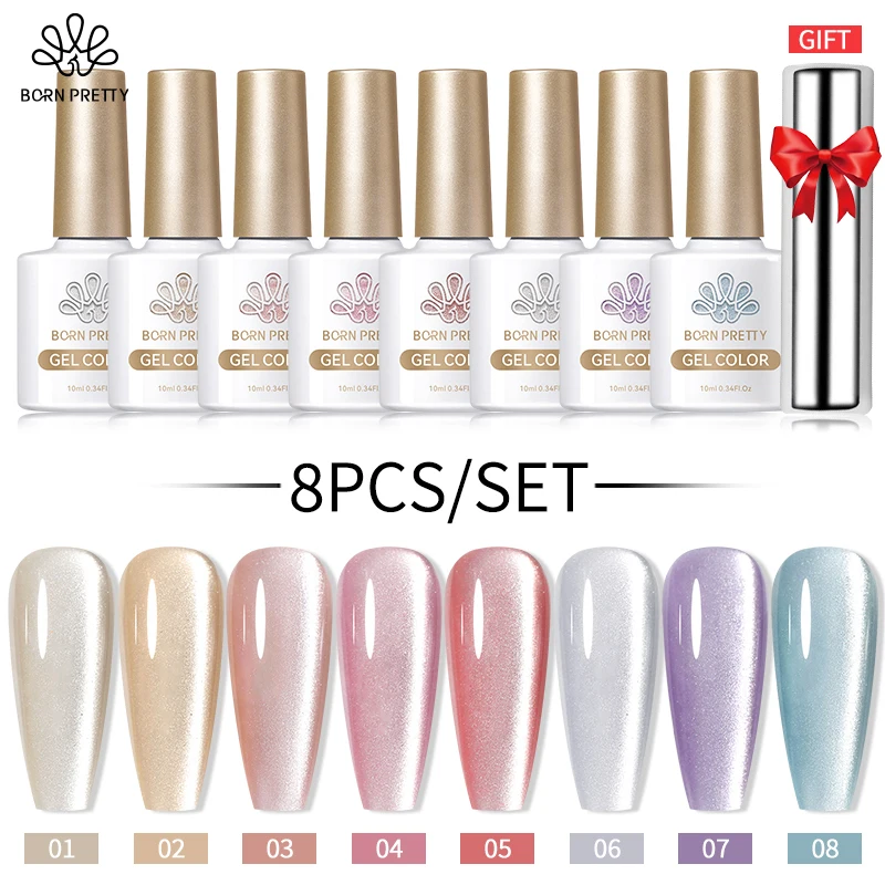 BORN PRETTY-Conjunto de esmaltes em gel, imersão em gel UV, brilho, prata, luz da água, luar, gato magnético, arte do prego, manicure, branco, 10ml