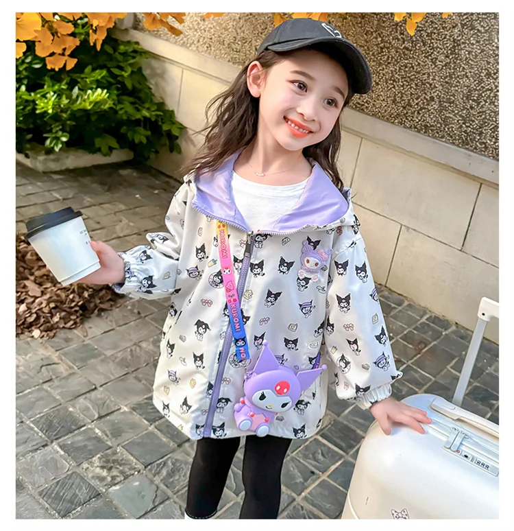 

Cartoon Sanrio Denim Hooded Zipper Jacket Children Clothing Kuromi Hooded Jacket Sweatshirt Autumn Printed Zipper Long Sleeves