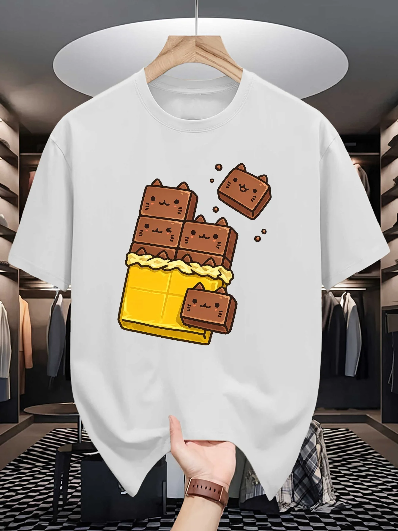 Snack Graphic T Shirt For Men Cute Kitty Shaped Chocolate Bar Crew Neck Tee Kawaii Dessert Cartoon Print Casual Daily Tops