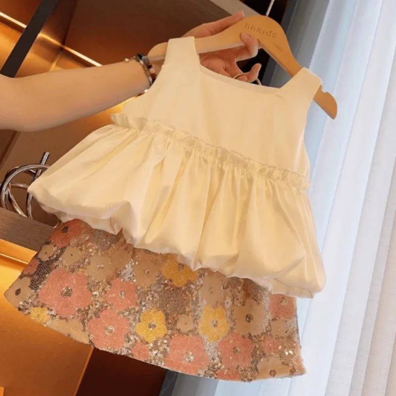 Childrens Sets Girl Summer New Baby Causal Vest Short Sleeve Two Pieces Glitter Skirt 2024 Sweet Fashion Flower Simple