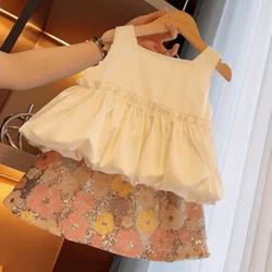 Childrens Sets Girl Summer New Baby Causal Vest Short Sleeve Two Pieces Glitter Skirt 2024 Sweet Fashion Flower Simple