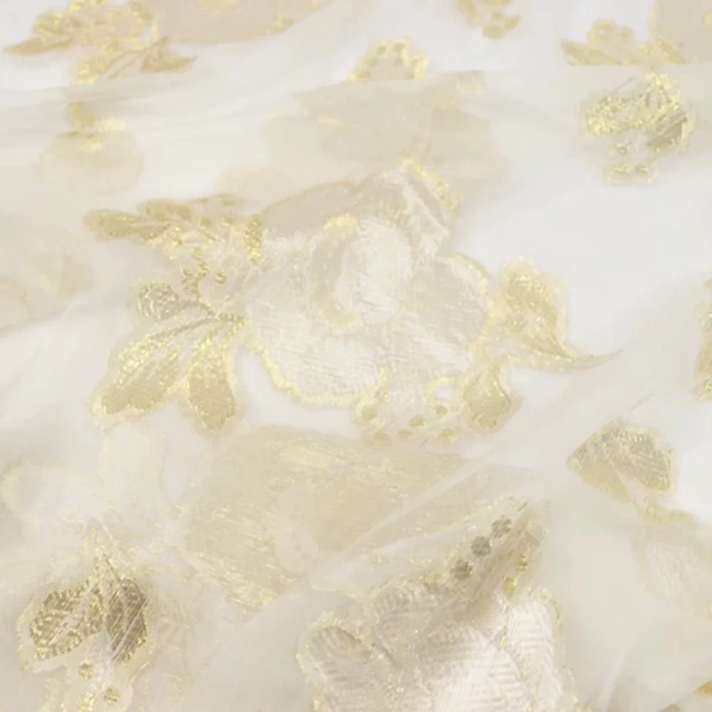High Quality Special White Base Golden Floral Design Good Texture Shiny Luxury Silk Metallic Fabric for Women Nice Dress Garment