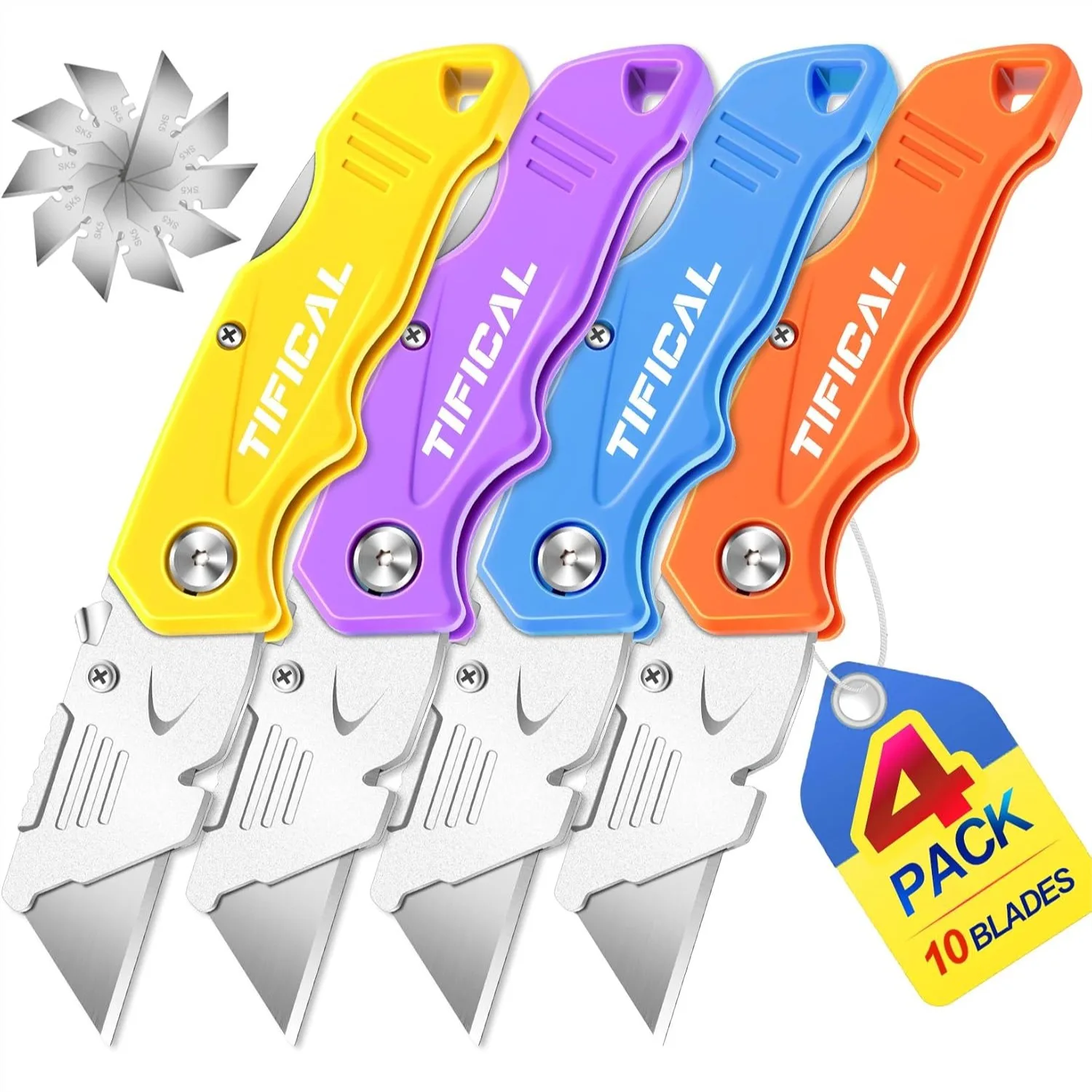 Folding Utility Knife with Quick Change Blade, SK5 Steel Box Cutter with Pocket Clip for Cardboard, Drywall, Rope, Linoleum