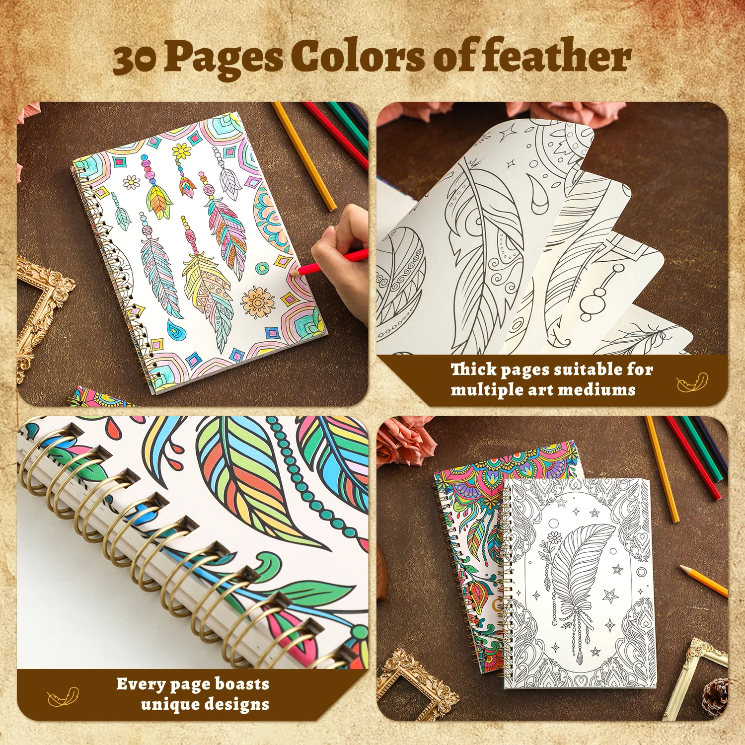 Feather Theme Adult Coloring Book for Adults,30 Unique Mandala Feather Patterns, Stress Relief for Women Girls Art Craft Gift