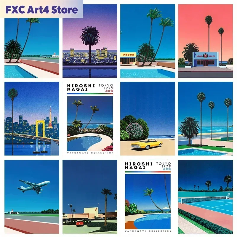 Frameless Hiroshi Nagai Vaporwave Japan Beach City Summer Canvas Print Lawn Landscape Wall Art Poster for Nordic Living Room Hom