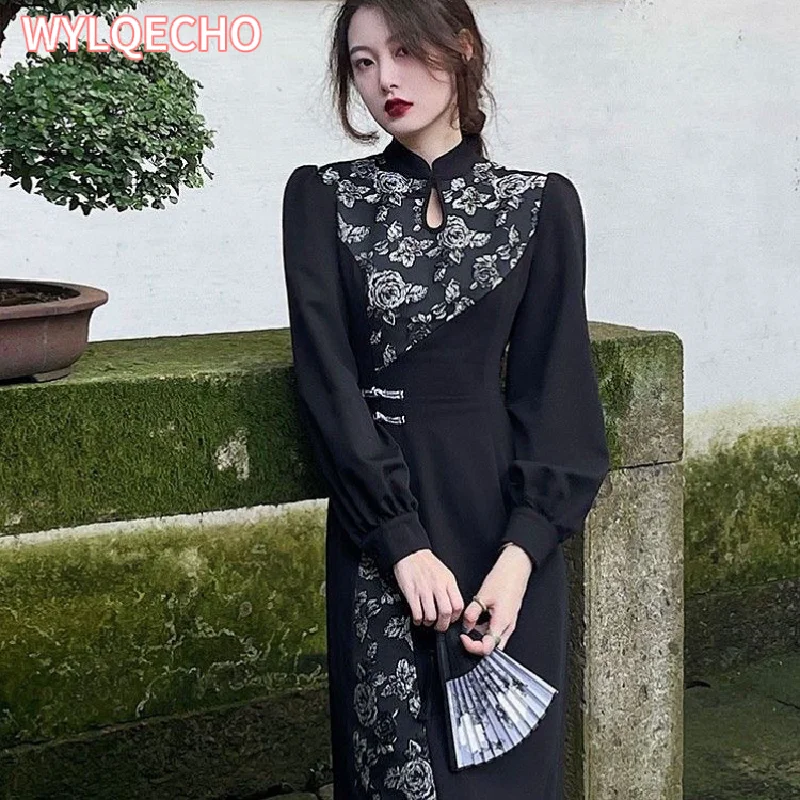 

Традиционное китайское платье Ципао, женское винтажное черное платье в восточном стиле Ципао с цветочным принтом для интима, элегантное женское платье для весны и осени