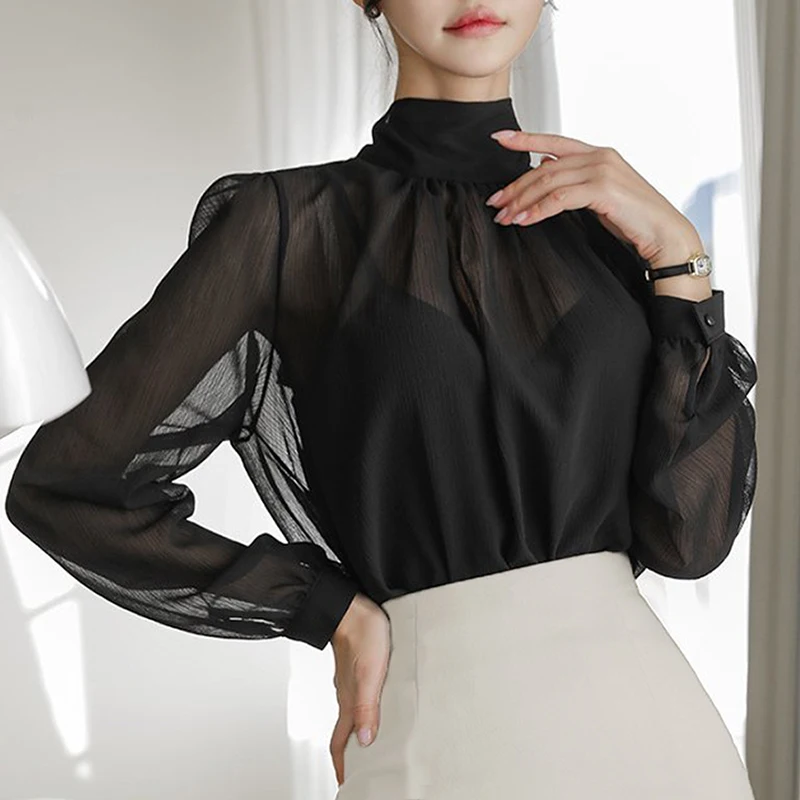 New Fashion Long Sleeve Turtleneck Women Blouse Casual Black Chiffon Blouse Shirt Women Tops Blusas Mujer De Moda 2024 Blusa I75