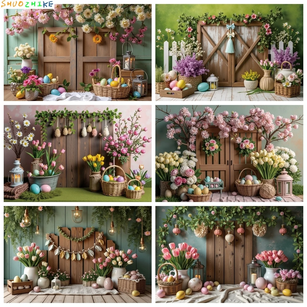 

Baby Children Photo Background Wood Fence Door Egg Party Photography Studio Backdrop Spring Party Decoration