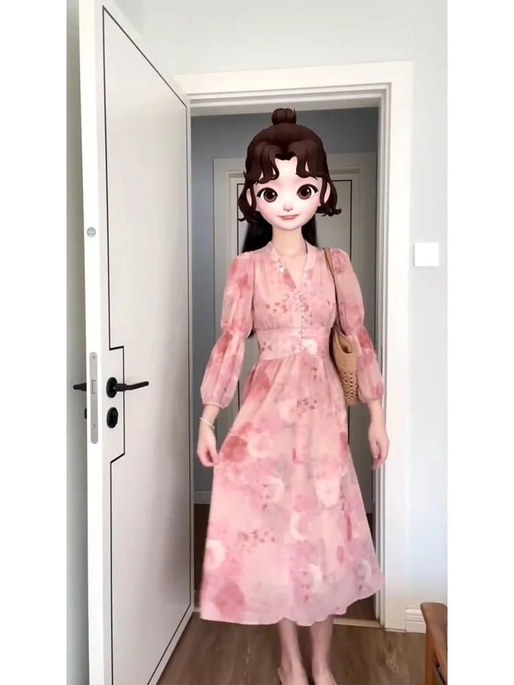 Early Spring 2023 Gentle Wind Super Fairy Sen Long Dress High Grade Feeling Tea Break French Pink Fragmented Flower Dress