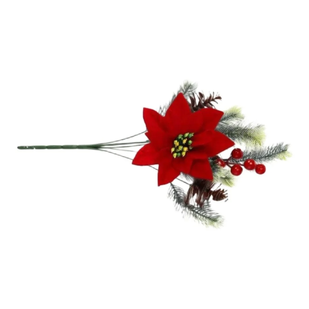 34cm Red Poinsettia Fake Flower Bouquet Featuring Bendable Stems Pine Needles and Pine Cones for Holiday Decor