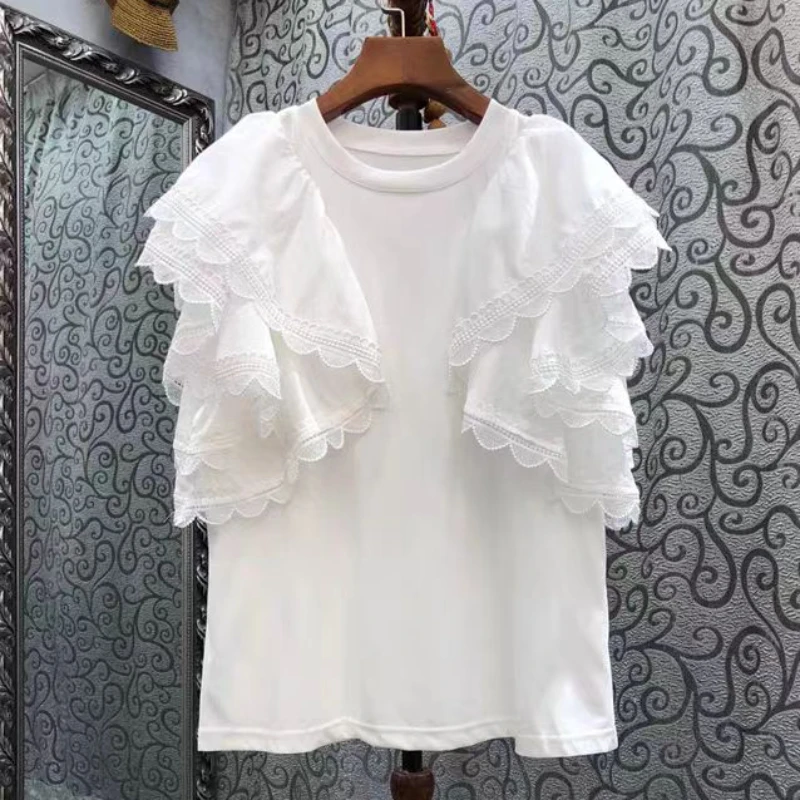 2023 Summer New Ruffle Patchwoek T-Shirts Women Korean Chic O-neck Causal Loose Butterfly Short Sleeve Tees Tops Black White